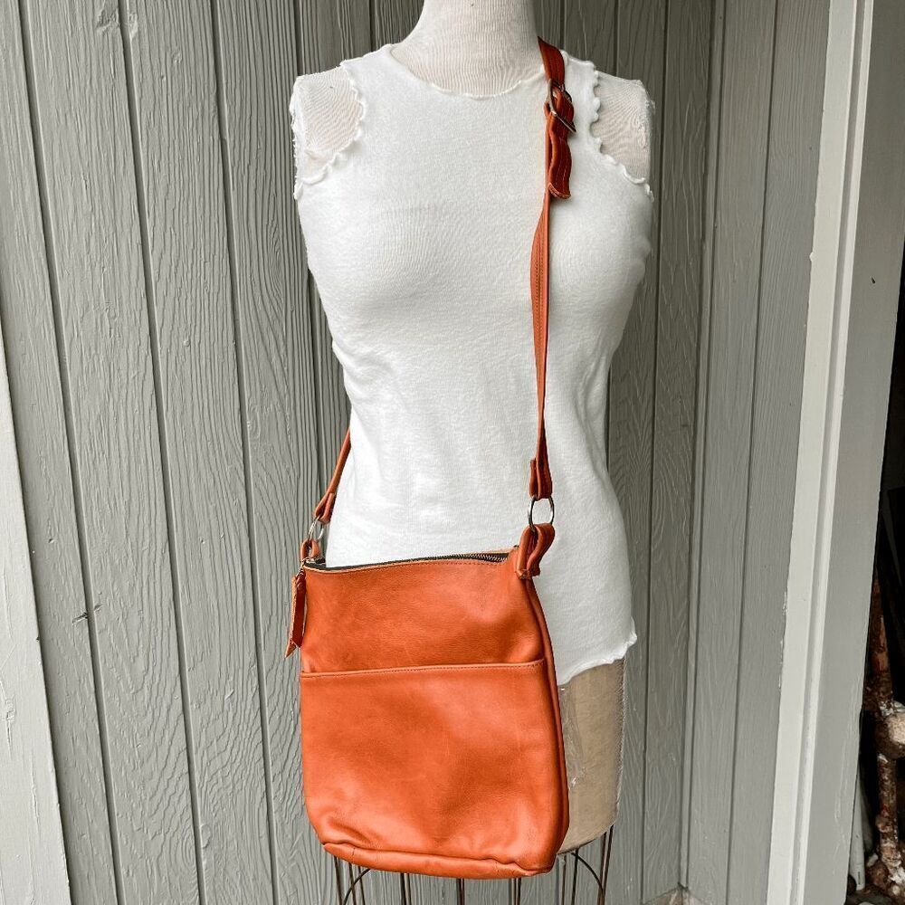 VTG Cognac Orange Full Grain Leather Crossbody Bag Adjustable Strap Handmade